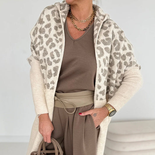 Women's Hooded Leopard Print Knitted Jacket with Pockets