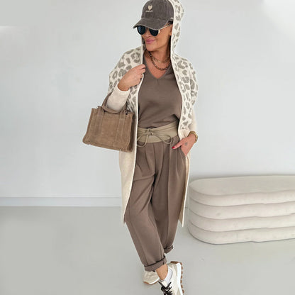 Women's Hooded Leopard Print Knitted Jacket with Pockets