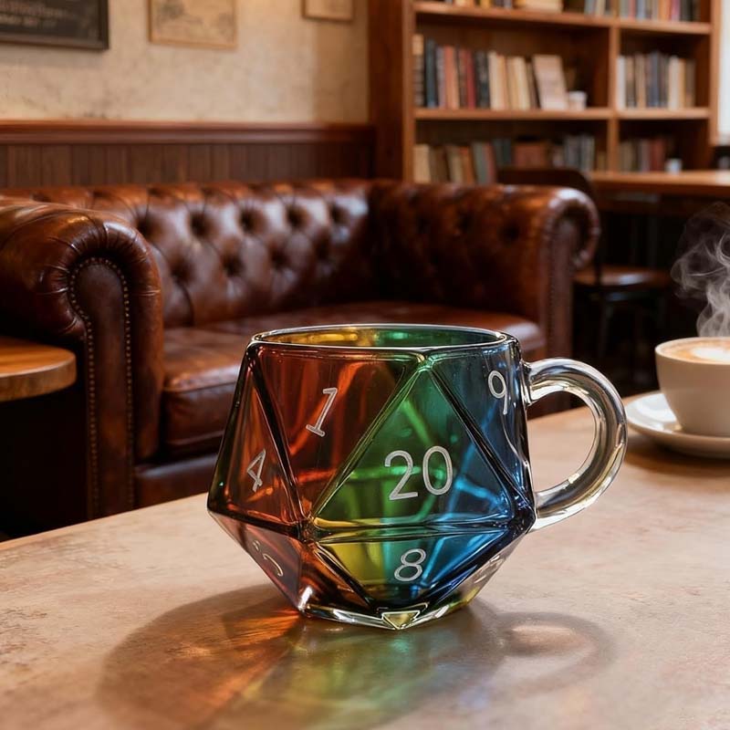 💥Limited-time offer-Rainbow Glass D20 Dice Mug with Handle