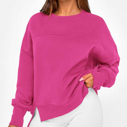 💖Versatile Women's Round-Neck Sweatshirt: Loose Fit & Side Slits