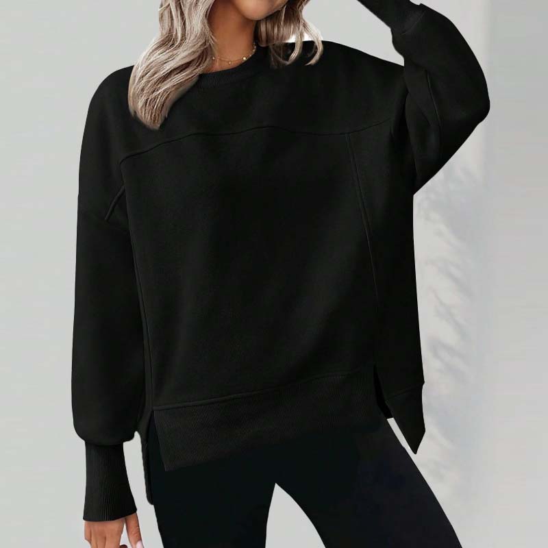 💖Versatile Women's Round-Neck Sweatshirt: Loose Fit & Side Slits