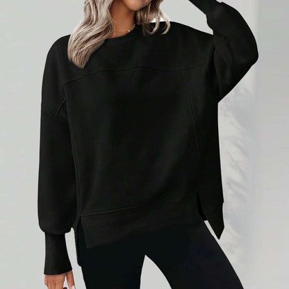💖Versatile Women's Round-Neck Sweatshirt: Loose Fit & Side Slits