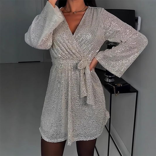 🔥Limited-time offer-Women's Sparkly V-Neck Long Sleeve Dress with Waist Tie