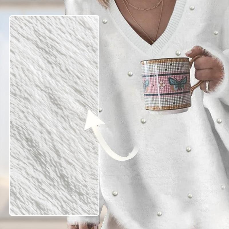 V-Neck Long Sleeve Beaded Decor Oversized Sweater Fluffy Pullover Top