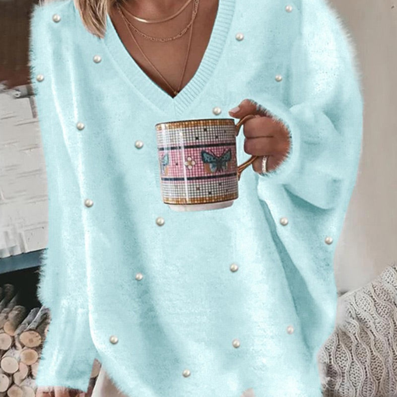 V-Neck Long Sleeve Beaded Decor Oversized Sweater Fluffy Pullover Top