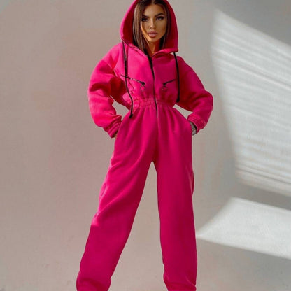 Comfortable Solid Color Women's Hooded Jumpsuit