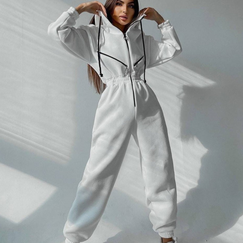 Comfortable Solid Color Women's Hooded Jumpsuit