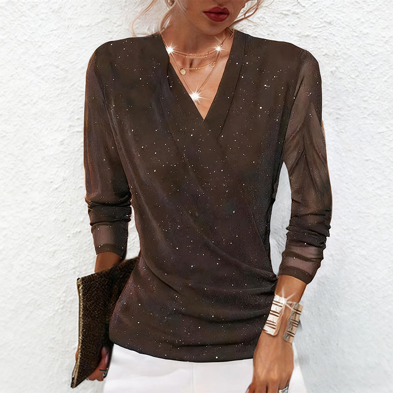 Women's Sparkle Crossover V-Neck Long Sleeve Top