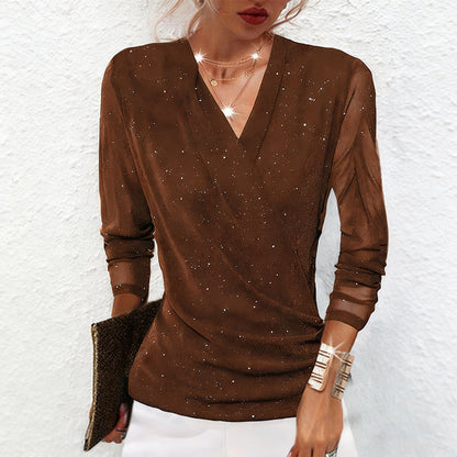 Women's Sparkle Crossover V-Neck Long Sleeve Top