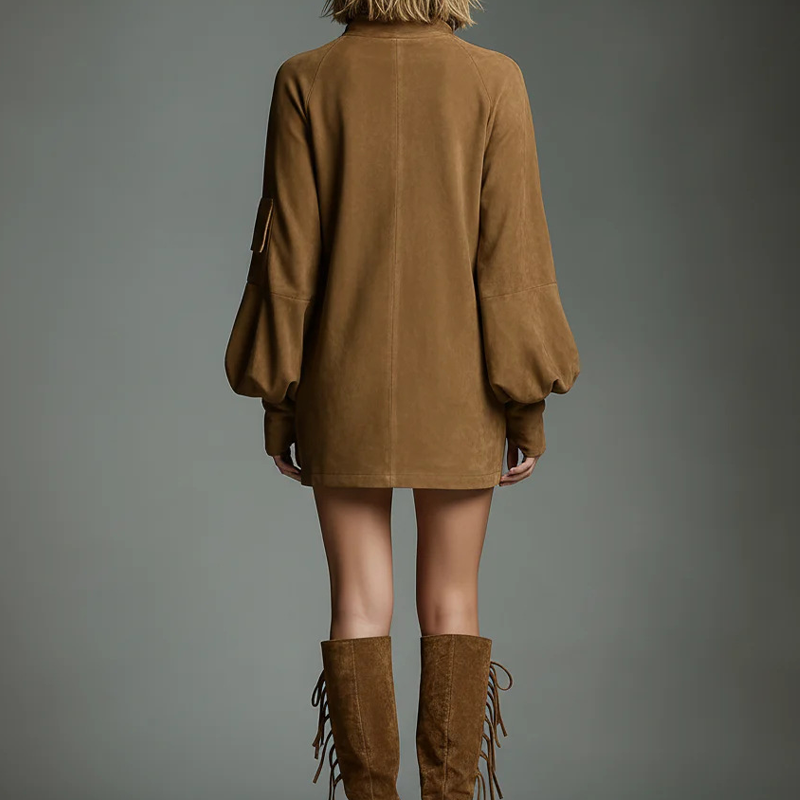 Women’s High-Neck Long-Sleeved Casual Pocket Dress