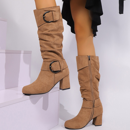 🔥Hot Sale Offers-Women's Suede Mid-Calf Boots with Buckle Detail