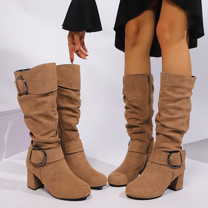 🔥Hot Sale Offers-Women's Suede Mid-Calf Boots with Buckle Detail