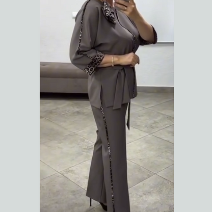 ✨ Elegant 2-Piece Set with Leopard Accents – Waist Belt, Wide-Leg Pants & Premium Comfort (Chic & Versatile For Every Occasion!)