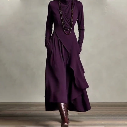 👗 Women's Elegant High-Neck Asymmetrical Maxi Dress – Draped Design for Effortless Charm!