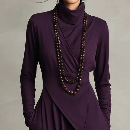 👗 Women's Elegant High-Neck Asymmetrical Maxi Dress – Draped Design for Effortless Charm!