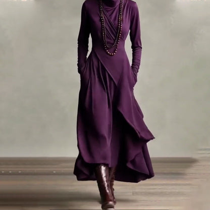 👗 Women's Elegant High-Neck Asymmetrical Maxi Dress – Draped Design for Effortless Charm!