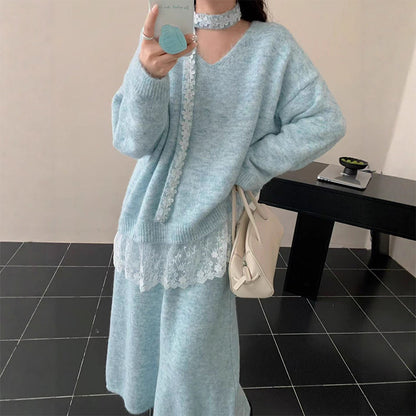 ✨ Women’s Lace-Trim Knit Sweater & Skirt 2-Piece Set — Effortless Elegance for Autumn & Winter ❄️👗