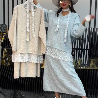 ✨ Women’s Lace-Trim Knit Sweater & Skirt 2-Piece Set — Effortless Elegance for Autumn & Winter ❄️👗