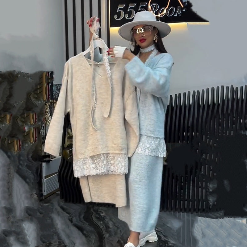 ✨ Women’s Lace-Trim Knit Sweater & Skirt 2-Piece Set — Effortless Elegance for Autumn & Winter ❄️👗