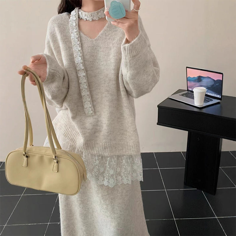 ✨ Women’s Lace-Trim Knit Sweater & Skirt 2-Piece Set — Effortless Elegance for Autumn & Winter ❄️👗
