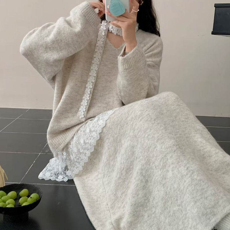 ✨ Women’s Lace-Trim Knit Sweater & Skirt 2-Piece Set — Effortless Elegance for Autumn & Winter ❄️👗