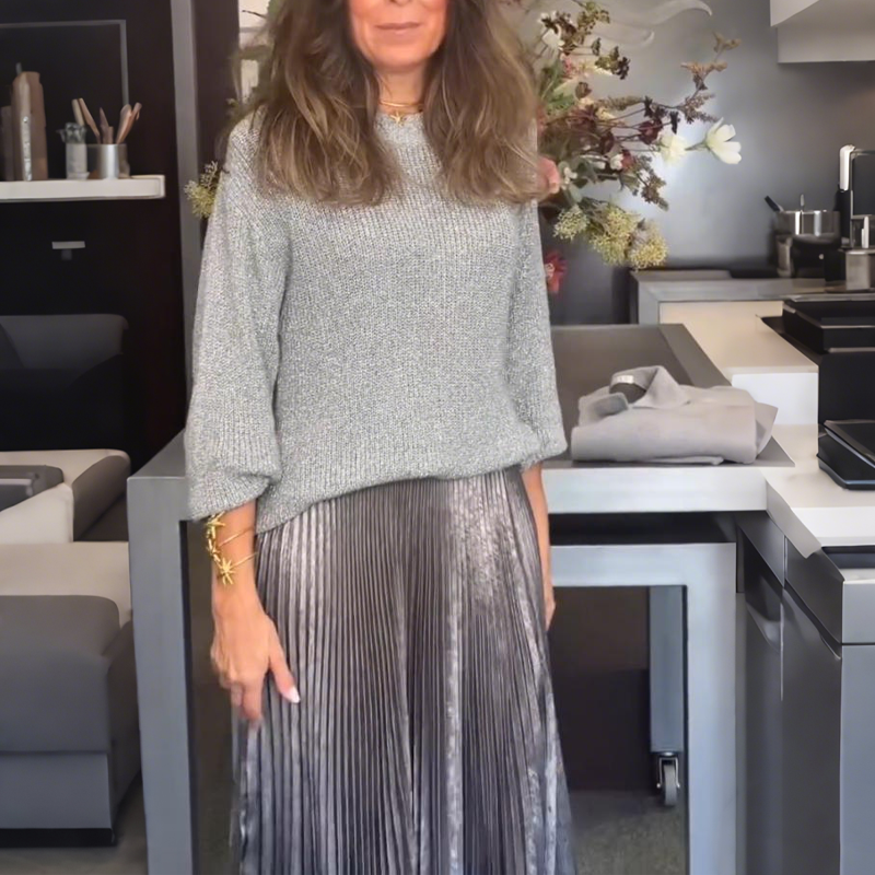 💥New Arrivals Special Offer-Elegant Knit Sweater & Metallic Pleated Skirt Set