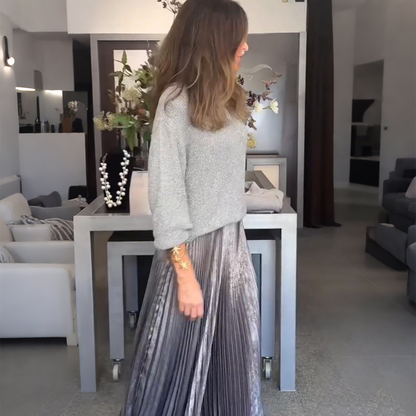 💥New Arrivals Special Offer-Elegant Knit Sweater & Metallic Pleated Skirt Set
