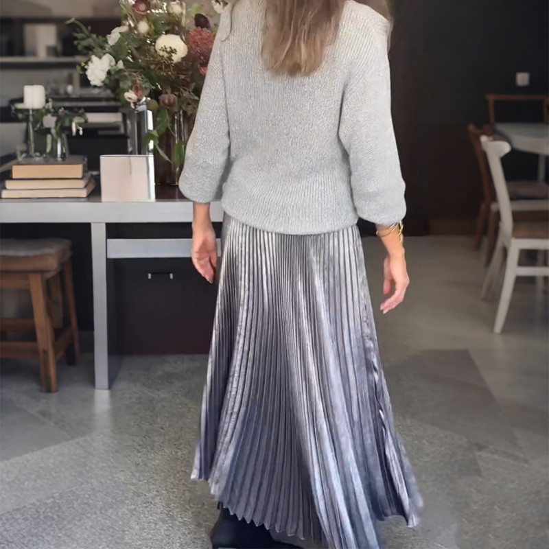 💥New Arrivals Special Offer-Elegant Knit Sweater & Metallic Pleated Skirt Set