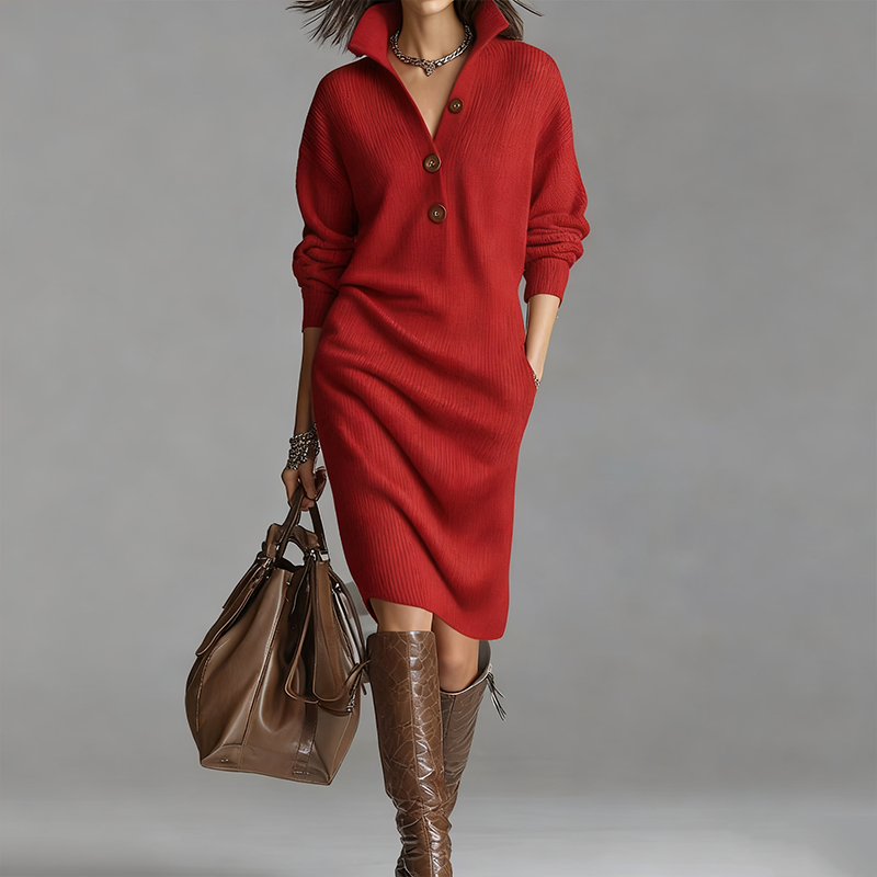 Women's Button-Up Polo-Collared Ribbed Knit Dresses
