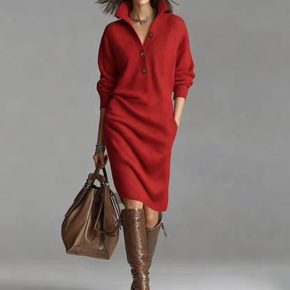 Women's Button-Up Polo-Collared Ribbed Knit Dresses