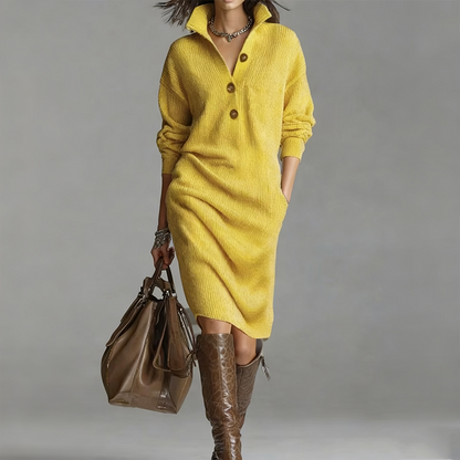 Women's Button-Up Polo-Collared Ribbed Knit Dresses