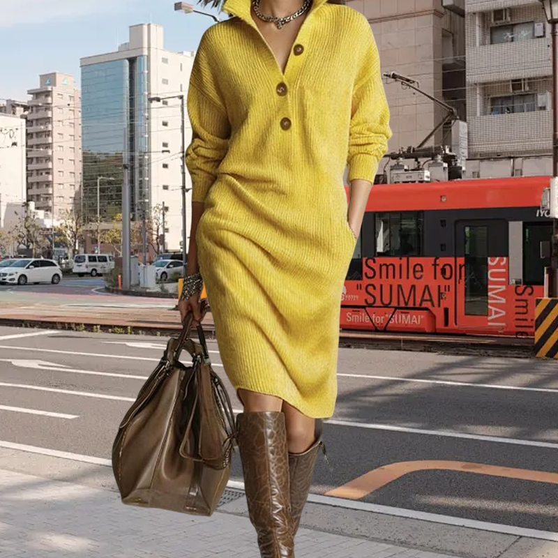 Women's Button-Up Polo-Collared Ribbed Knit Dresses