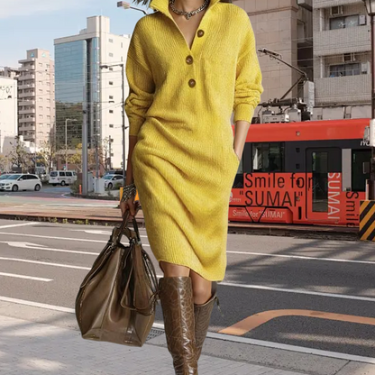 Women's Button-Up Polo-Collared Ribbed Knit Dresses