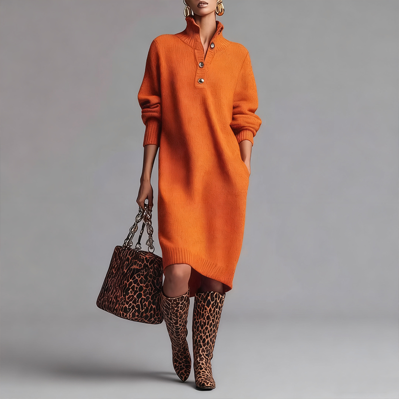 Women's Button-Up Polo-Collared Ribbed Knit Dresses