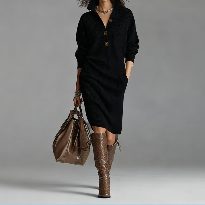Women's Button-Up Polo-Collared Ribbed Knit Dresses
