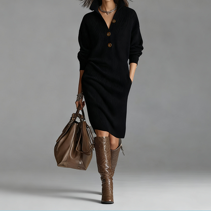Women's Button-Up Polo-Collared Ribbed Knit Dresses
