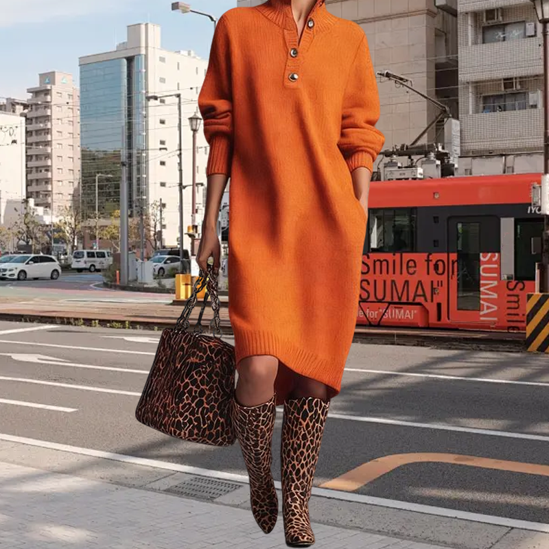 Women's Button-Up Polo-Collared Ribbed Knit Dresses