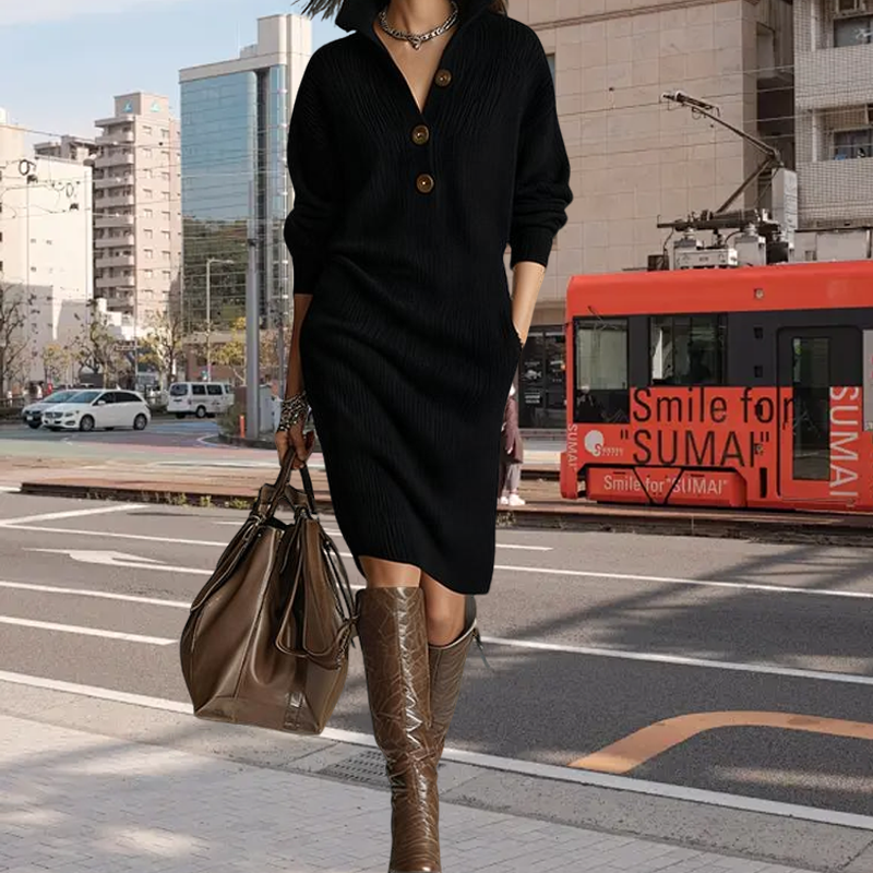Women's Button-Up Polo-Collared Ribbed Knit Dresses