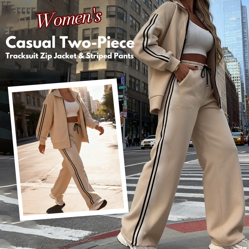 🔥Hot Sale Deals-Women's Casual Two-Piece Tracksuit Zip Jacket & Striped Pants