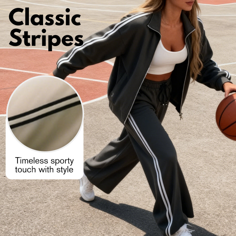 🔥Hot Sale Deals-Women's Casual Two-Piece Tracksuit Zip Jacket & Striped Pants