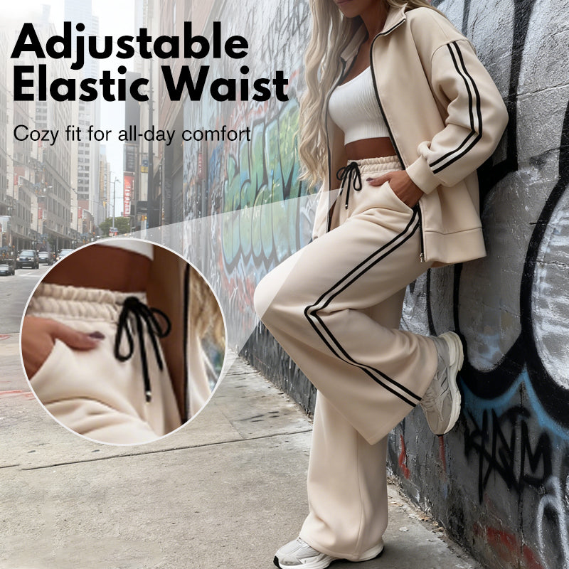 🔥Hot Sale Deals-Women's Casual Two-Piece Tracksuit Zip Jacket & Striped Pants