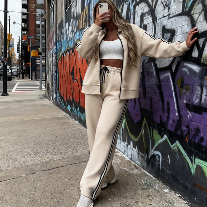 🔥Hot Sale Deals-Women's Casual Two-Piece Tracksuit Zip Jacket & Striped Pants