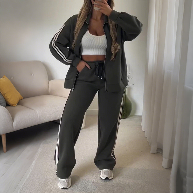 🔥Hot Sale Deals-Women's Casual Two-Piece Tracksuit Zip Jacket & Striped Pants