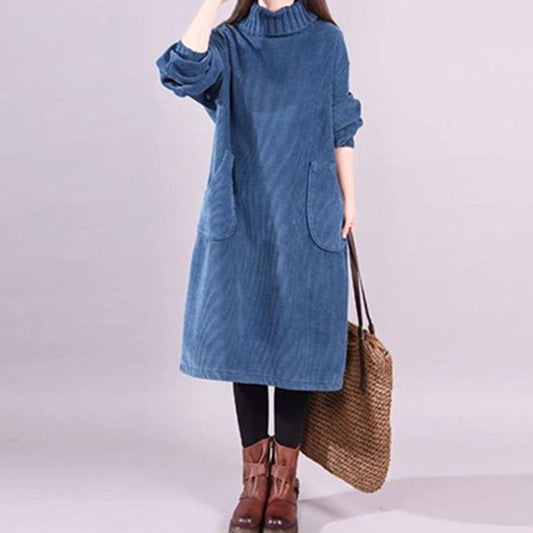 Women’s High Neck Loose Corduroy Maxi Dress