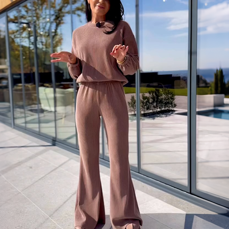 🔥New Arrivals Special Offer-Women's Ribbed Long-Sleeve Tops & Flare Pants 2-Piece Set