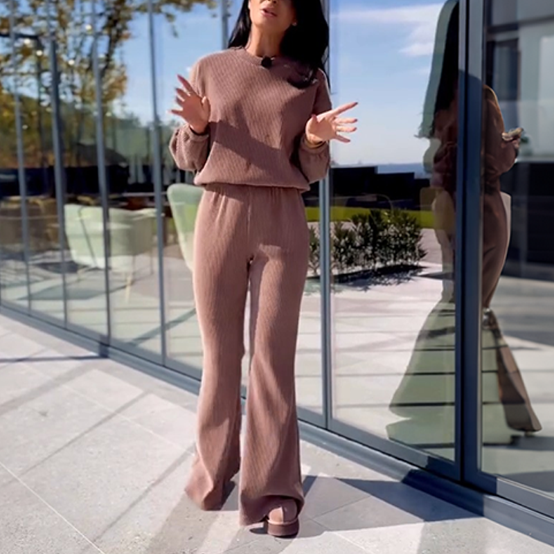 🔥New Arrivals Special Offer-Women's Ribbed Long-Sleeve Tops & Flare Pants 2-Piece Set