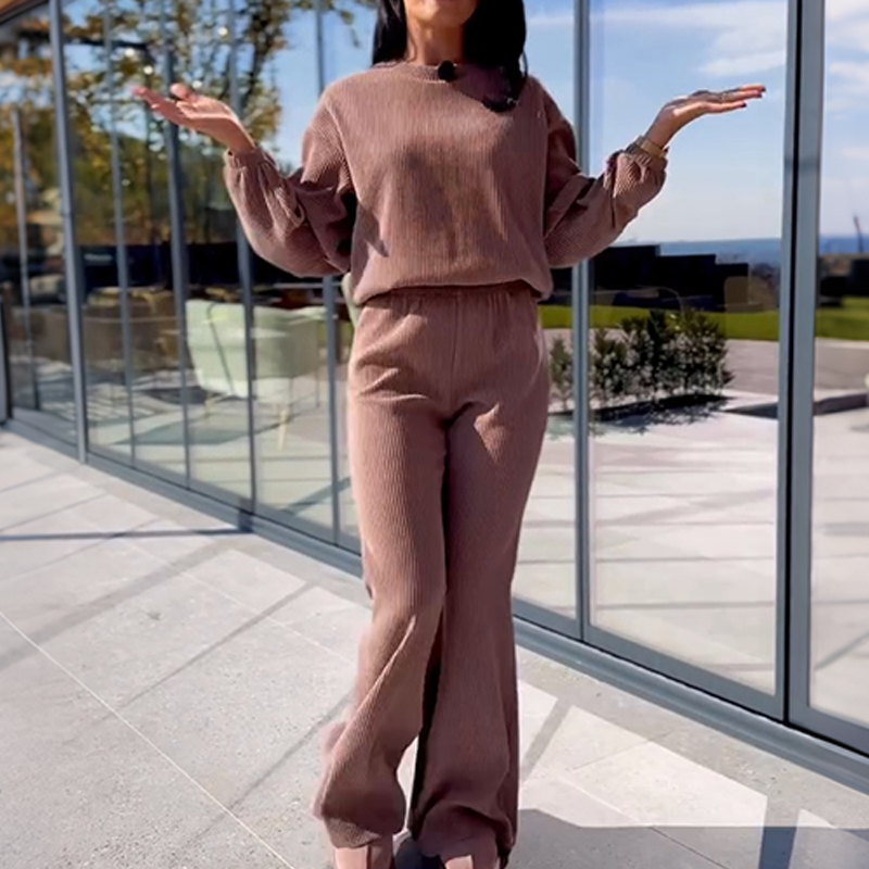 🔥New Arrivals Special Offer-Women's Ribbed Long-Sleeve Tops & Flare Pants 2-Piece Set