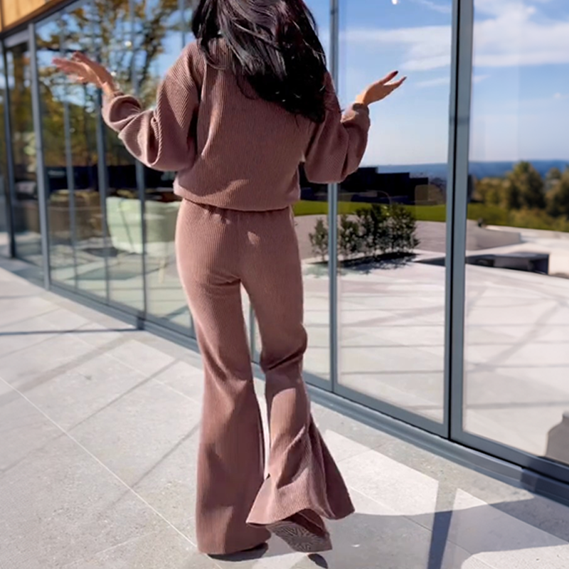 🔥New Arrivals Special Offer-Women's Ribbed Long-Sleeve Tops & Flare Pants 2-Piece Set