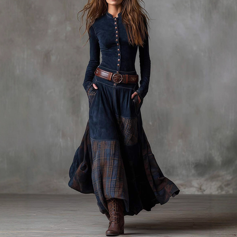 Vintage Stand Collar Button-Down Swing Dress