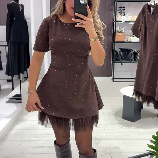 🔥Hot Sale Deals-Women’s Sparkling Lace Trim Short-Sleeve Mini Dress | Elegant & Shimmering